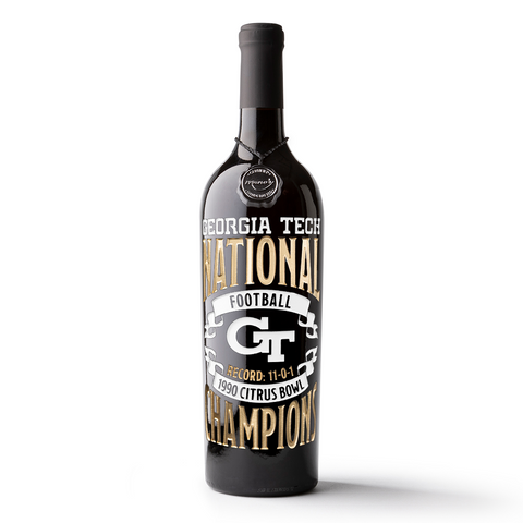 A toast to the Georgia Tech 1990 Football National Champions with a Mano's Wine etched bottle of cabernet sauvignon