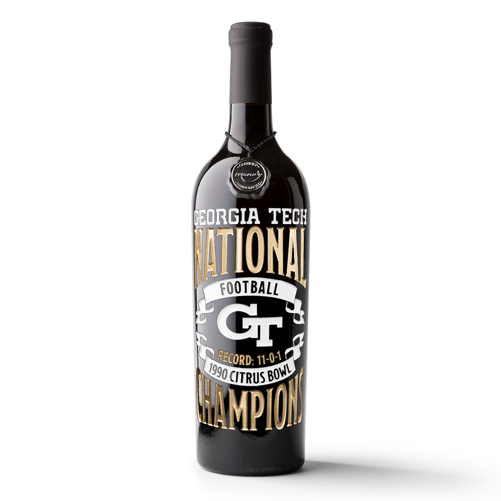 A toast to the Georgia Tech 1990 Football National Champions with a Mano's Wine etched bottle of cabernet sauvignon