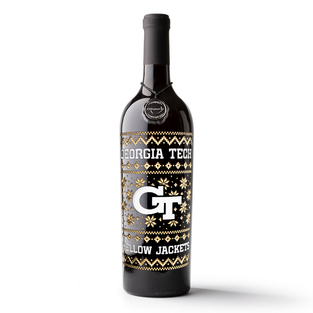 Mano's Wine bottle etched with Georgia Tech Yellow Jackets holiday sweater wine bottle