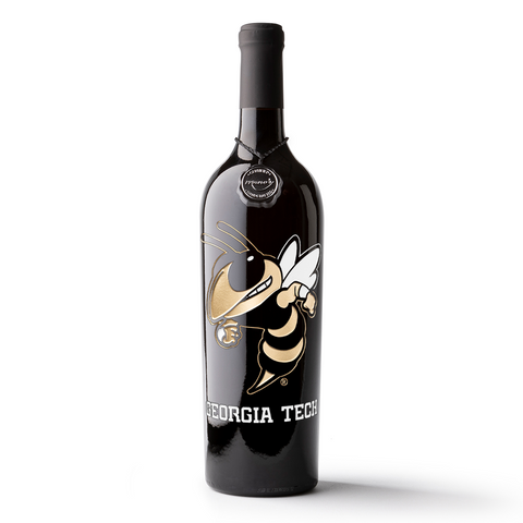 Black cabernet sauvignon etched wine bottle with Georgia Tech logo on a white background