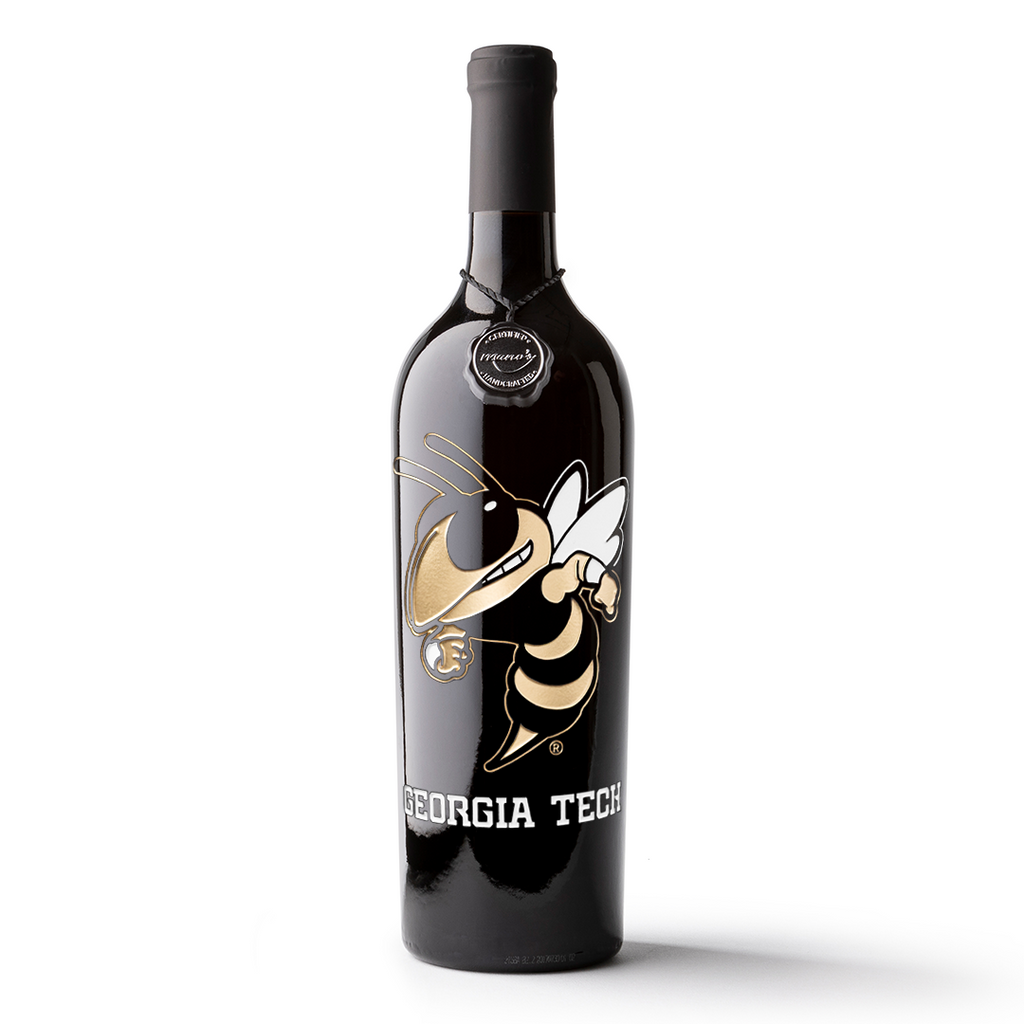 Black cabernet sauvignon etched wine bottle with Georgia Tech logo on a white background