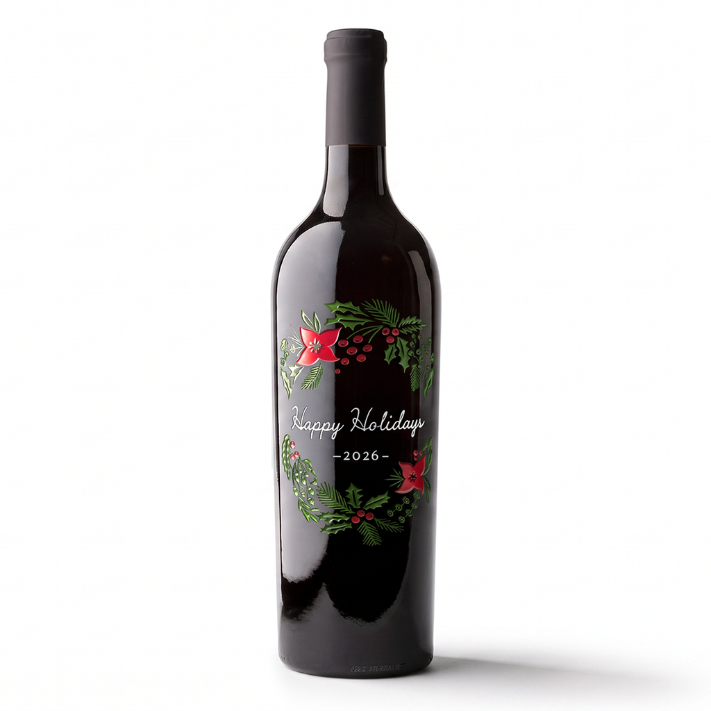 Happy Holidays Garland Etched Wine Bottle