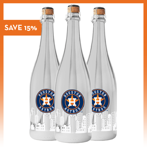 Three silver metallic bubbly wine bottles with the Houston Astros logo and Houston skyline