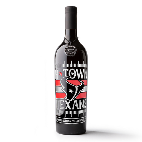 Mano's Wine cabernet sauvignon wine bottle etched with Houston Texans logo and H-TOWN TEXANS text