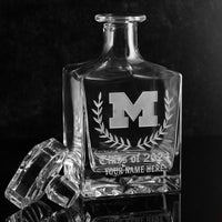 Custom glass decanter for University of Michigan alumni from Mano's Wine