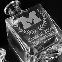 Close up of customizable University of Michigan Alumni etched decanter from Mano's Wine