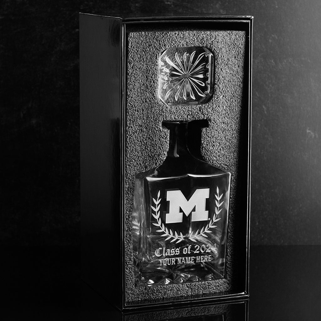 University of Michigan Custom Alumni Decanter in black Mano's Wine gift box ready to ship to customer