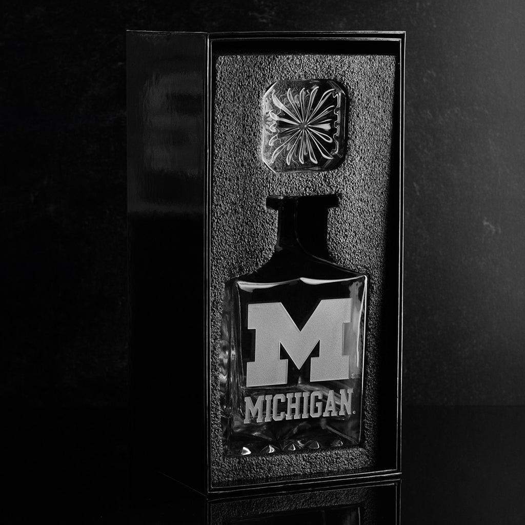 University of Michigan Logo Decanter in black Mano's Wine gift box ready to ship to customer