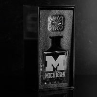 University of Michigan Logo Decanter in black Mano's Wine gift box ready to ship to customer
