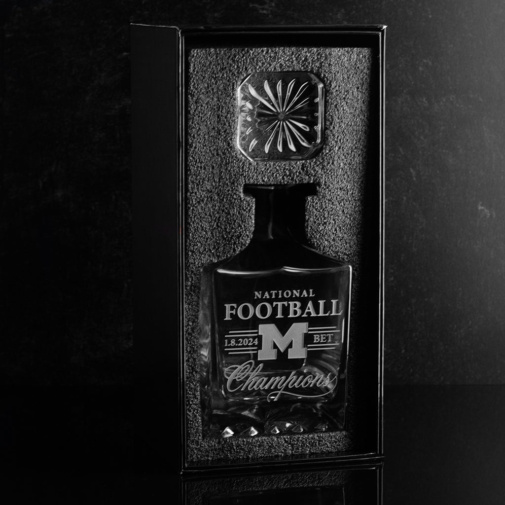 University of Michigan Football National Champions Decanter in black Mano's Wine gift box ready to ship to customer
