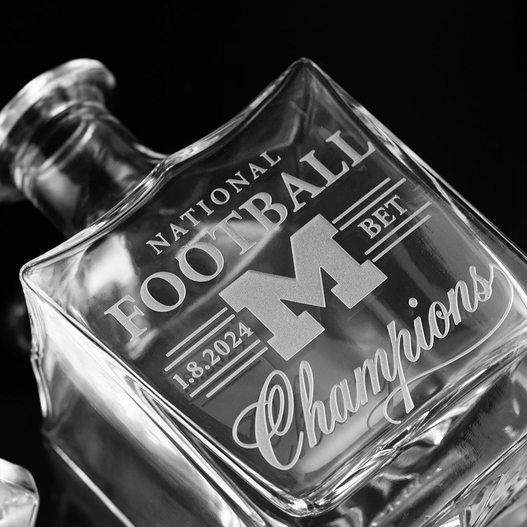Close up of University of Michigan National Champions etched decanter from Mano's Wine