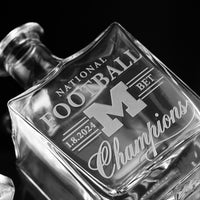 Close up of University of Michigan National Champions etched decanter from Mano's Wine