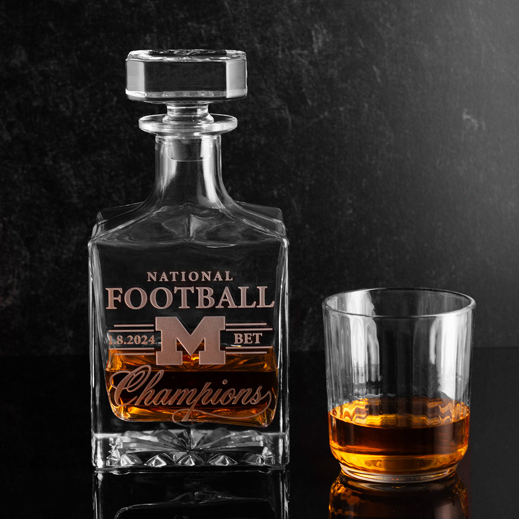 Mano's Wine University of Michigan Football National Champions Decanter filled with bourbon whiskey