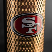 Close up of an etched Cabernet Sauvignon wine bottle with the San Francisco 49ers team logo from Mano's Wine