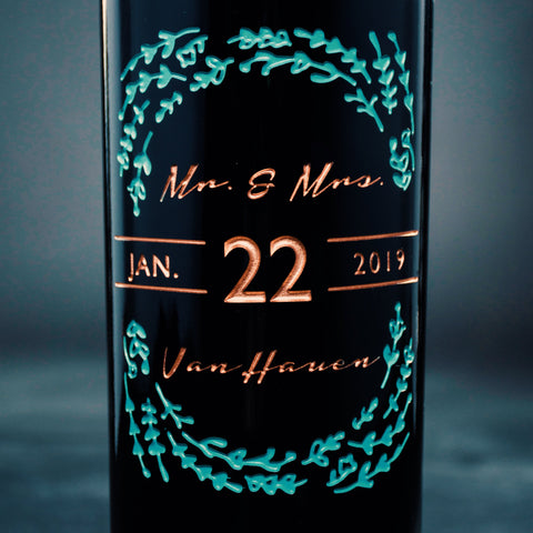 Floral Frame Custom Etched Wine Bottle