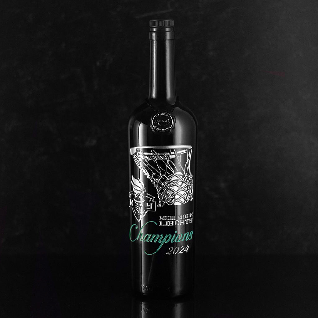 New York Liberty 2024 WNBA Champions collectible display wine bottle from Mano's Wine