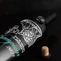 Close up of New York Liberty 2024 WNBA Champions collectible display wine bottle from Mano's Wine