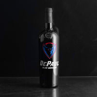 Mano's Wine bottle deep etched DePaul University Blue Demons red and blue logo on cabernet sauvignon wine
