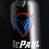 Close up view of DePaul University Blue Demons logo etched on Mano's Wine bottle