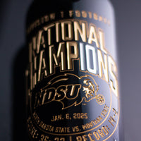 NDSU Bison logo, January 6, 2025, Division 1 Football National Champions etched on Mano's Wine bottle