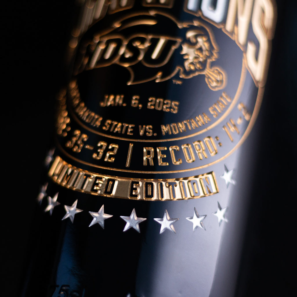 Mano's Wine Limited Edition North Dakota State University 2024 National Football Champions etched wine bottle