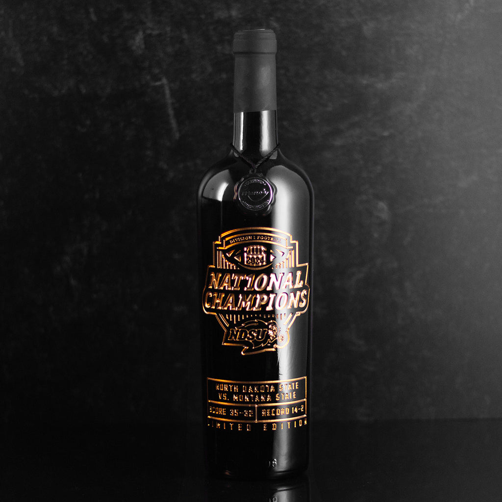 Order North Dakota State University 2024 National Championship Logo Etched Wine bottle from Mano's Wine