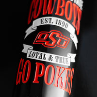 Cowboys Go Pokes established 1890, Loyal & Trust, and OSU etched on Oklahoma State University wine bottle