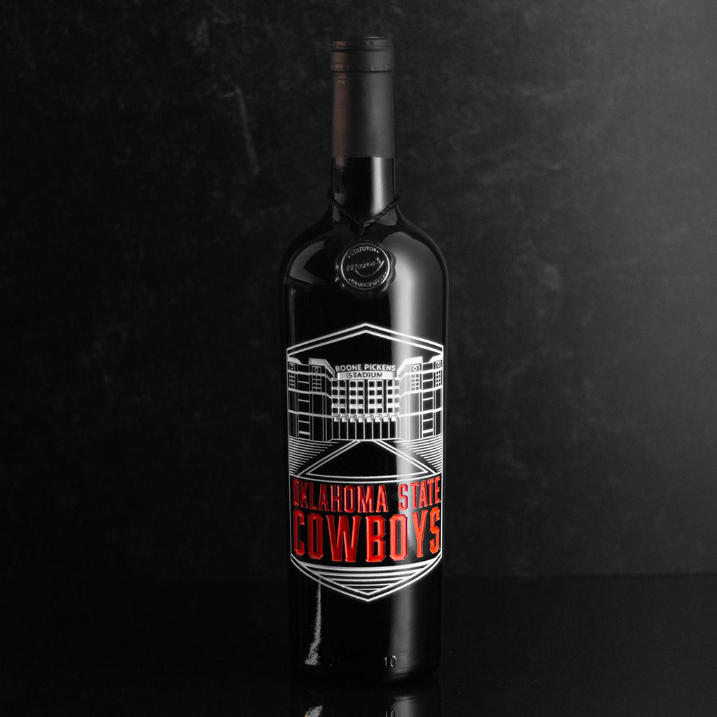 Order a bottle of the Mano's Wine Oklahoma State Boone Pickens Stadium Etched Wine