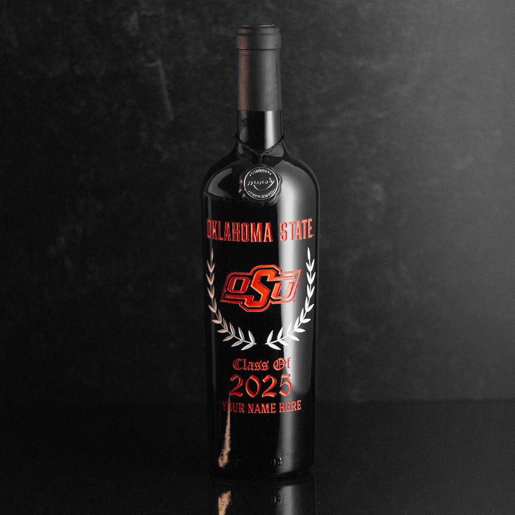 Customize an Oklahoma State University alumni etched wine bottle from Mano's Wine