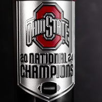 Ohio State University logo, 2024 National Champions and football etched on Mano's Wine bottle