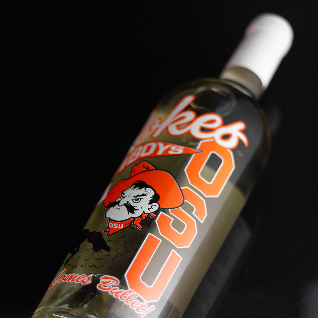 OSU, Pokes, Cowboy screen printed on Oklahoma State University sauvignon blanc wine bottle