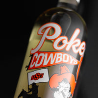 Close up look at Oklahoma State University Icons Sauvignon Blanc wine bottle