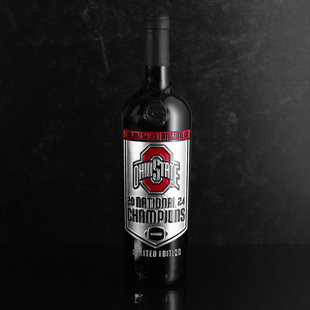 Order the Ohio State 2024 National Champions Banner etched wine bottle for fellow Buckeyes fans