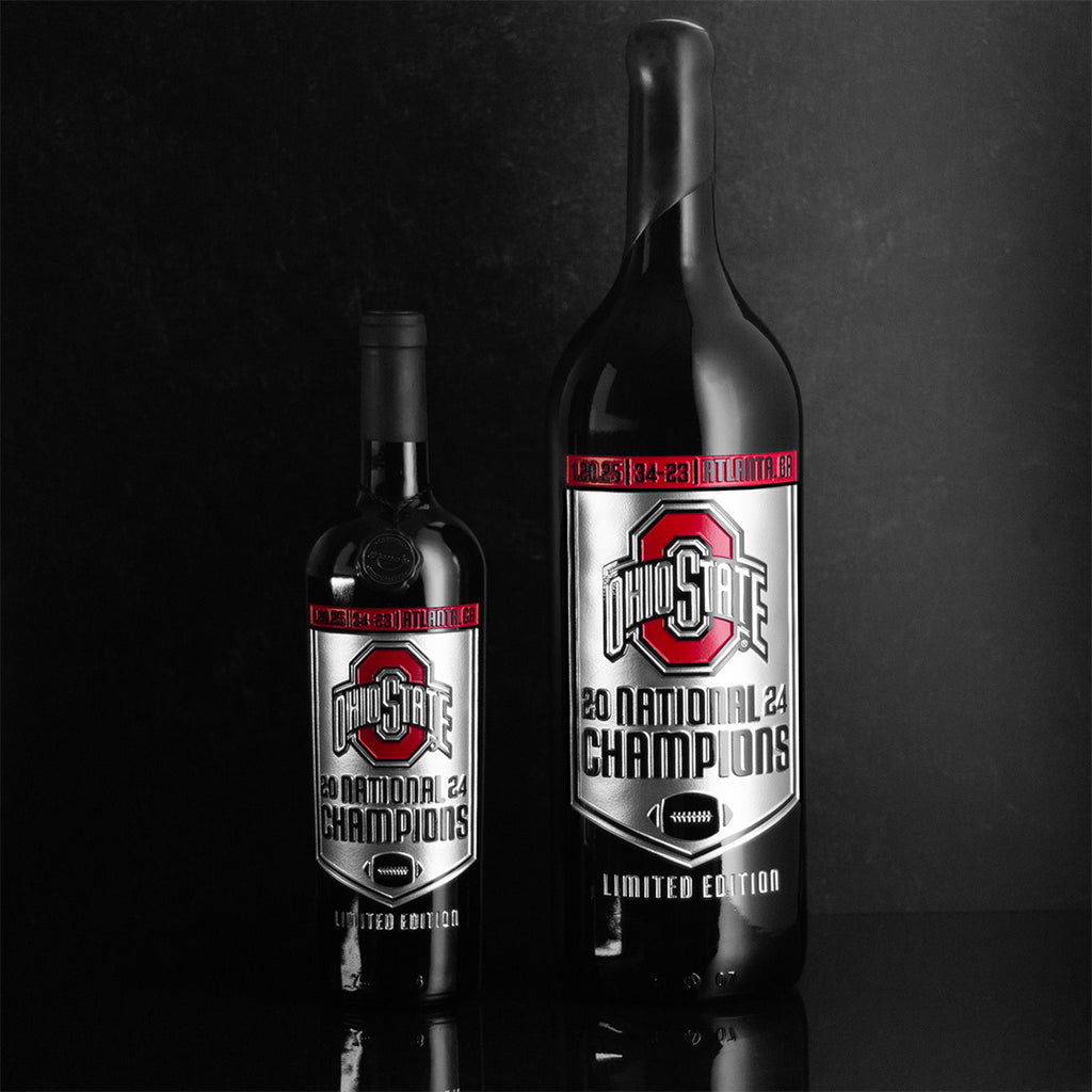 Two Mano's Wine bottles of Ohio State University 2024 National Champions etched wine 750ml and 3L