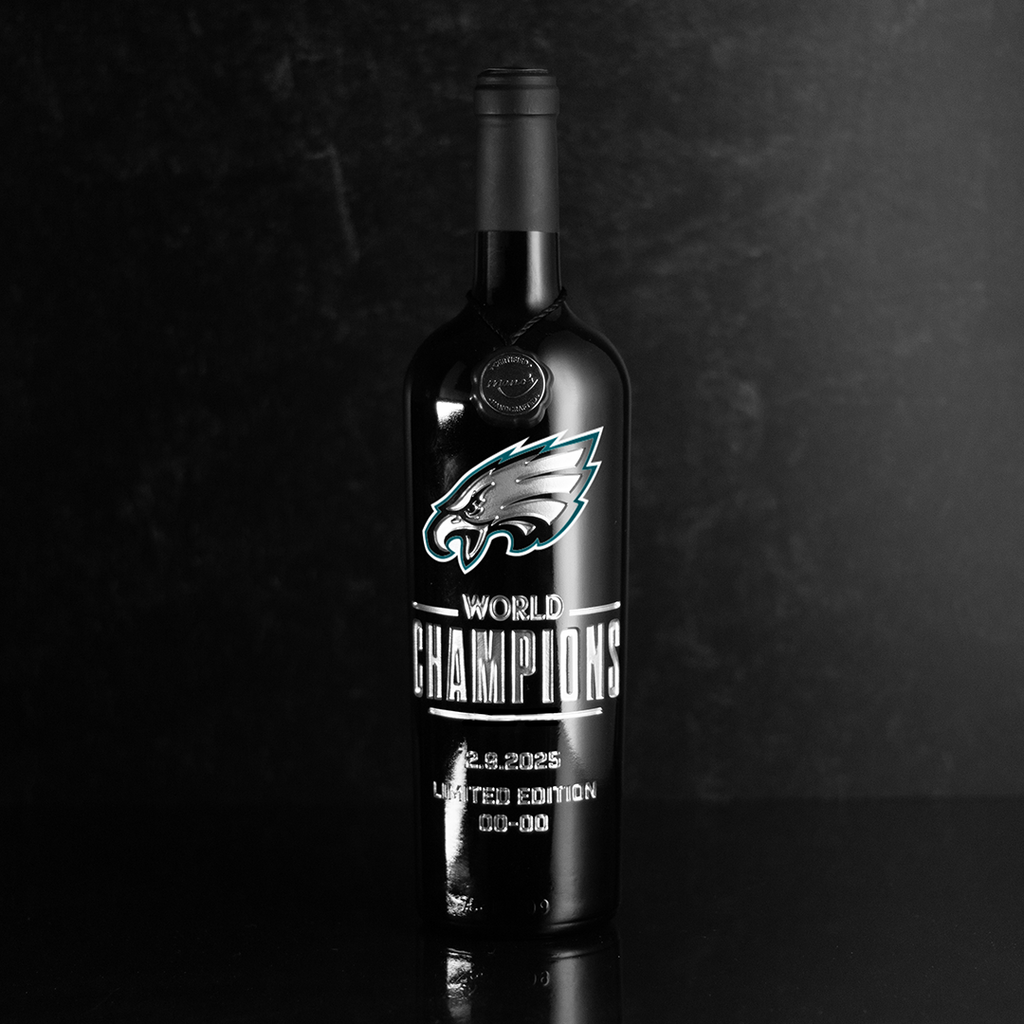Order the Philadelphia Eagles 2024 World Champions hand etched red wine bottle from Mano's Wine