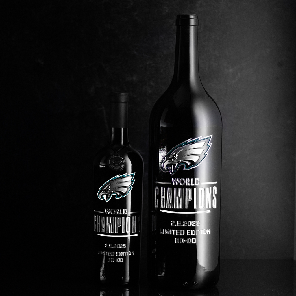 Philadelphia Eagles 2024 World Champions 750ml and 3L etched wine bottles for sale from Mano's Wine
