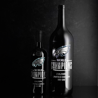 Philadelphia Eagles 2024 World Champions 750ml and 3L etched wine bottles for sale from Mano's Wine