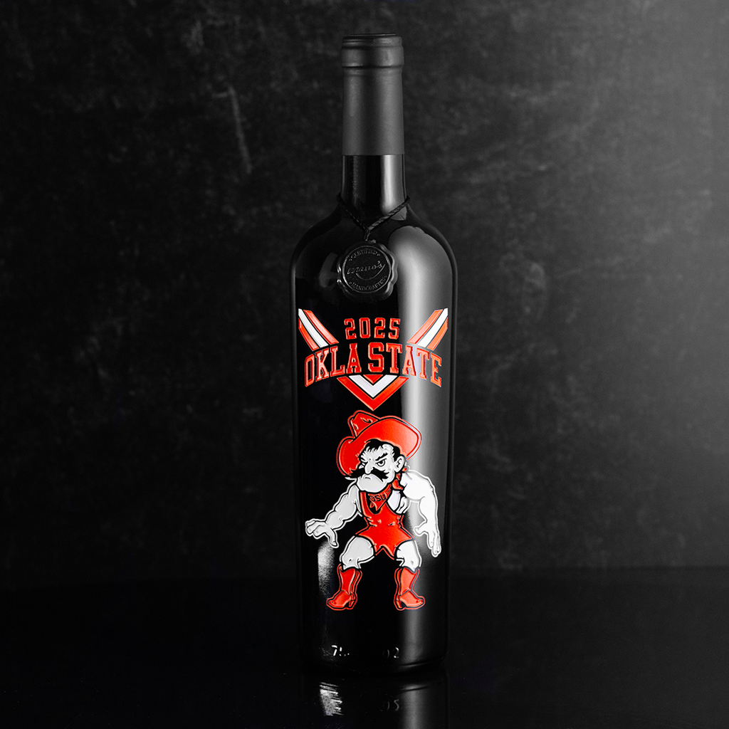 Order Oklahoma State Wrestling limited edition etched wine bottle from Mano's Wine