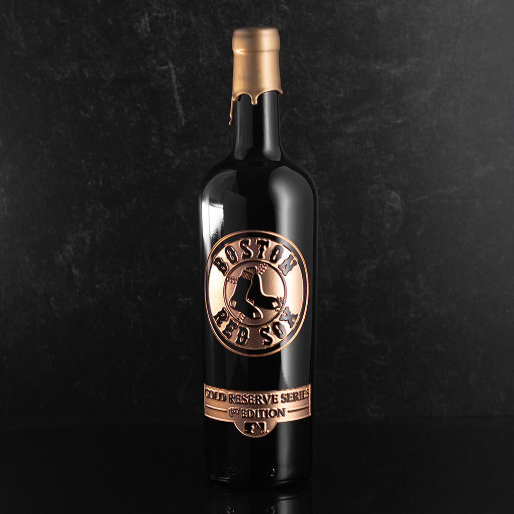 Boston Red Sox Gold Reserve Etched Wine bottle dipped in gold wax