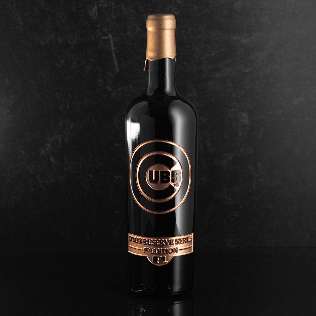 Chicago Cubs Gold Reserve Etched Wine bottle dipped in gold wax