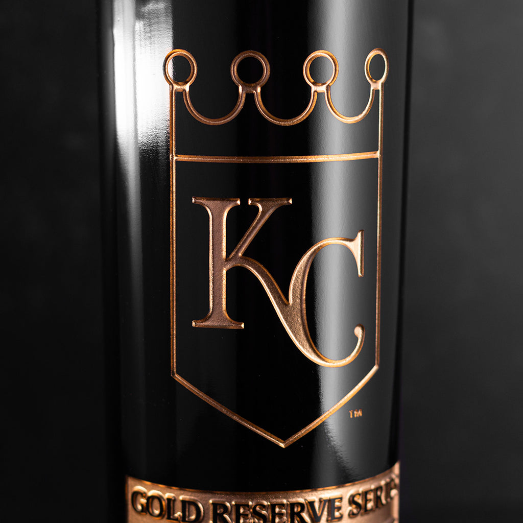 Close up of Kansas City Royals Gold Reserve Etched wine bottle