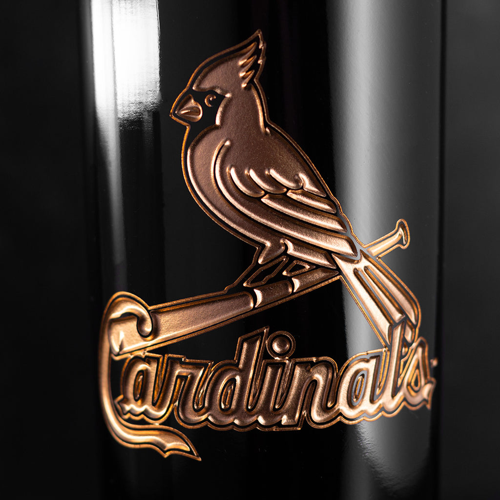 Mano's Wine bottle deep etched with gold St. Louis Cardinals baseball team logo