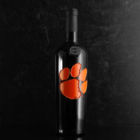 Mano's Wine bottle Clemson University Tiger Paw Logo Etched Wine