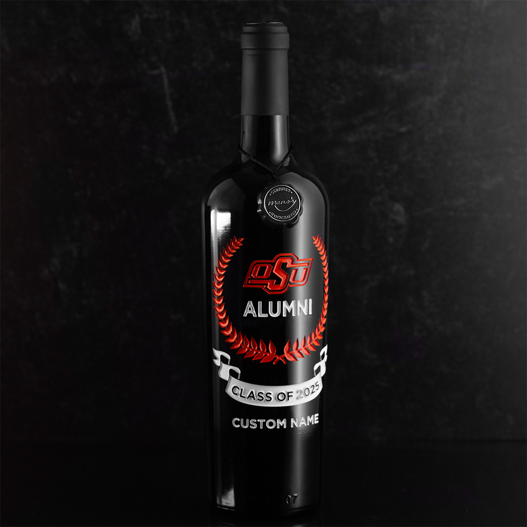 Customize an etched wine bottle of the Oklahoma State University alumni association from Mano's Wine