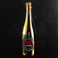 Get the metallic gold bubbly wine bottle featuring Oklahoma State University alumni from Mano's Wine