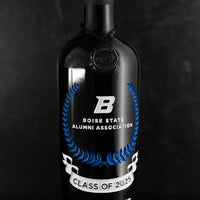 Close up of the Boise State University Custom Alumni Association wine bottle with Class of 2025