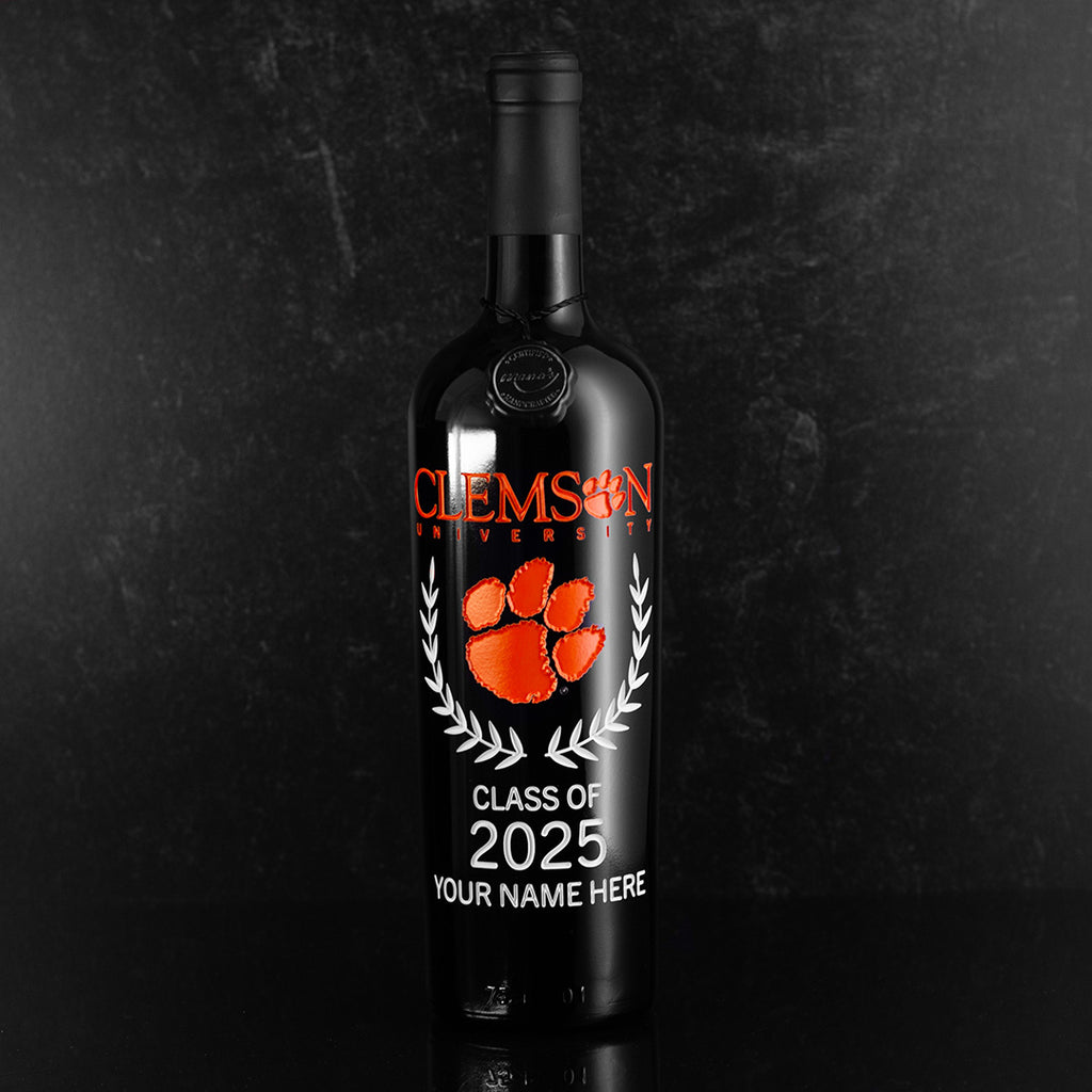 Orange and white Clemson University custom alumni etched wine bottle from Mano's Wine