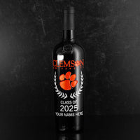Orange and white Clemson University custom alumni etched wine bottle from Mano's Wine