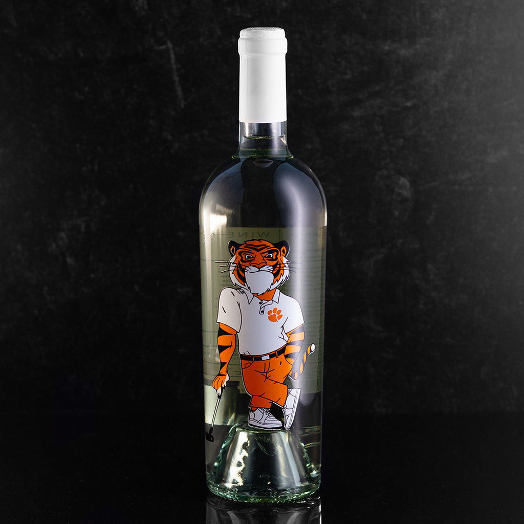 Clemson University Tiger screen print sauvignon blanc wine bottle from Mano's Wine