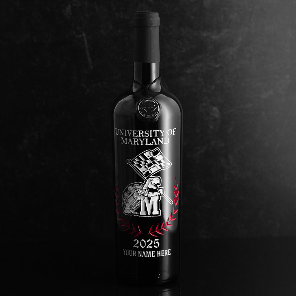 Customize a Mano's Wine University of Maryland alumni bottle with name and graduating year